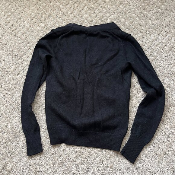 J. Crew Cardigan Black V Neck Pockets Merino Wool Tight Knit Ribbon Trim Size XS - Picture 5 of 10